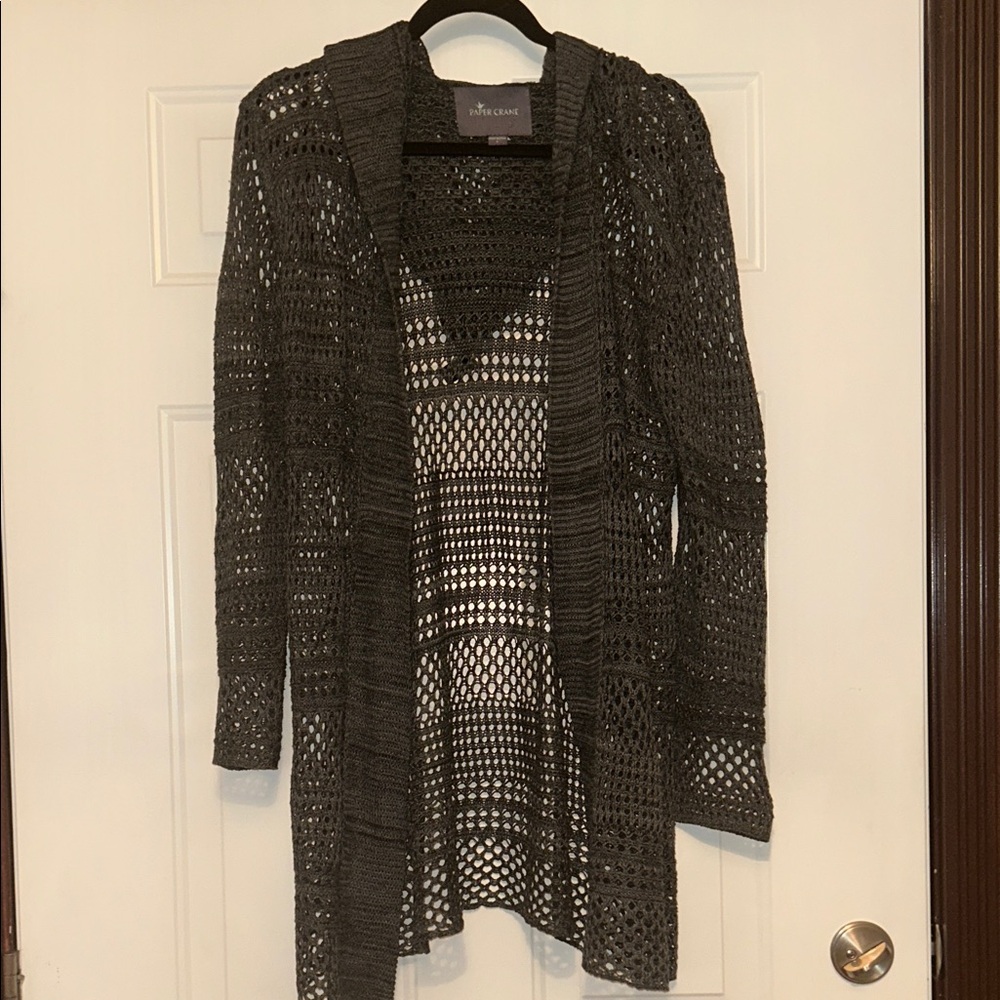 Paper Crane/Anthropology Open-Knit Sweater L Gray Boho Cotton Hood Swim Coverup